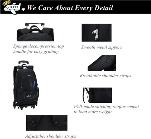 Vista 6 de Mochila con ruedas para adolescentes y niñas, mochila con ruedas para la escuela con seis ruedas, A-azul, M