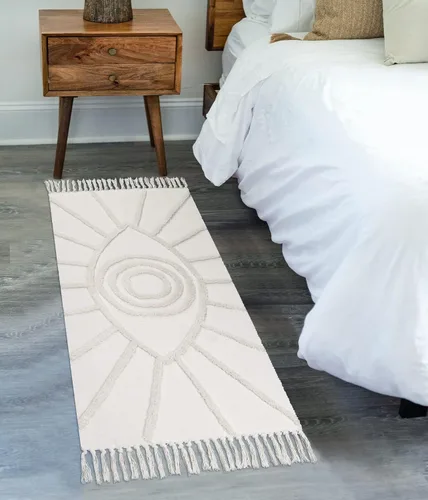 Vista 8 de Uphome - Alfombras de baño boho de 2 x 3 pies, color beige, con protección contra el mal de ojo, tul con borlas, suave, lavable a máquina