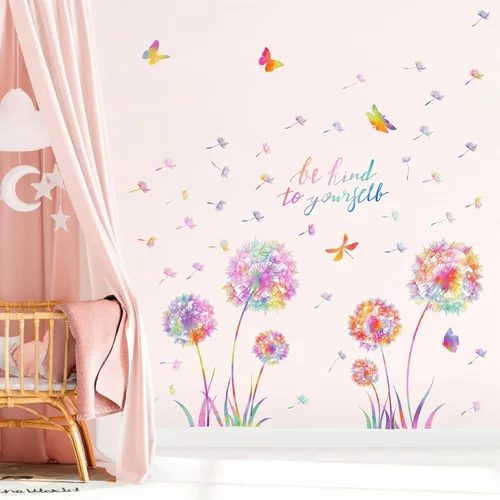 Vista 8 de Calcomanías de pared grandes de diente de león, calcomanías de pared de flores coloridas, calcomanías de pared para despegar y pegar, calcomanías