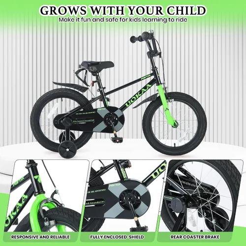 Vista 2 de Bicicleta para niños de 14 16 pulgadas para niños y niñas de 3 a 7 años, bicicleta para niños con ruedas de entrenamiento, freno de mano y pie