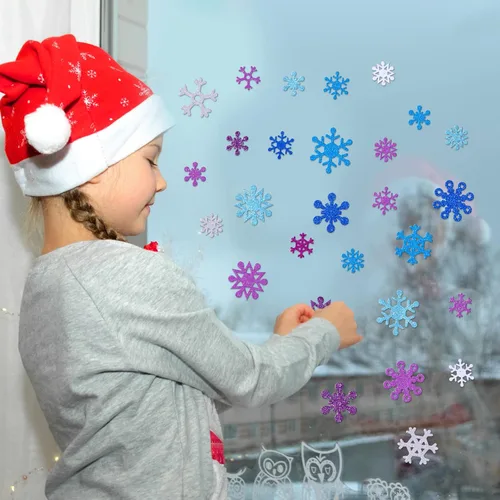 Vista 7 de Aneco 500 calcomanías de espuma con purpurina para copos de nieve autoadhesivos, calcomanías de nieve para decoración de Navidad e invierno