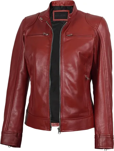 Vista 15 de Decrum Cafe Racer Chaqueta de piel de cordero real estilo motocicleta para Beige