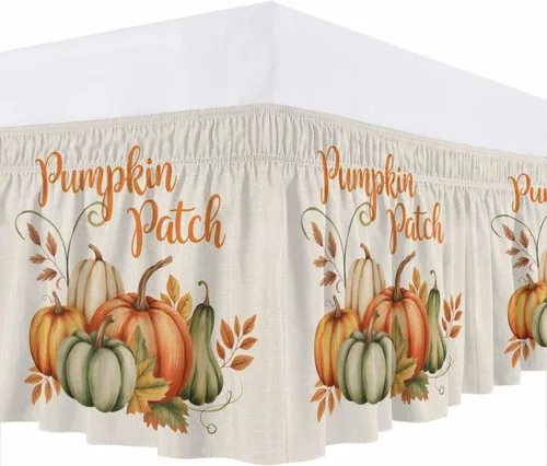 Vista 7 de Falda de cama con parches de calabazas, tamaño Queen de 16 pulgadas de caída, ajustable y elástica, plisada, con volantes de polvo de lujo para cama