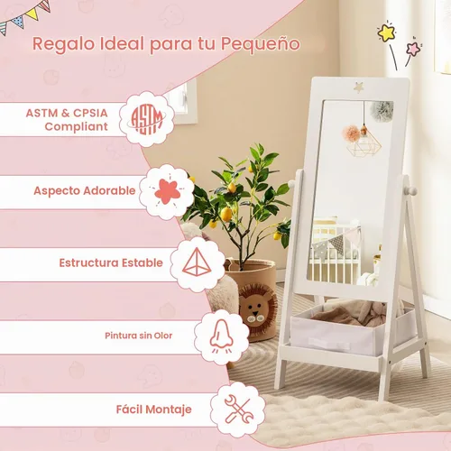 Vista 5 de Costzon Espejo de longitud completa para niños, espejo de pie de princesa con estante de almacenamiento y cesta, espejo rectangular giratorio de 360