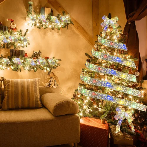 Vista 2 de 2 luces de cinta de Navidad, total de 33 pies con 100 luces LED para decoración de árbol de Navidad, funciona con pilas, para decoración