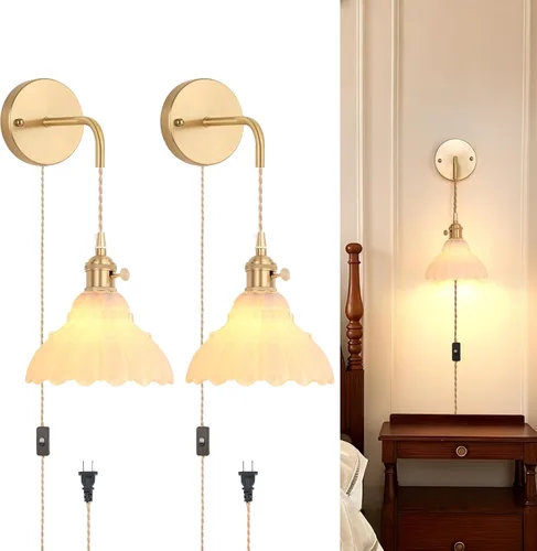 Vista 12 de Shenmoyl - Aplique de pared que funciona con pilas, lámparas de pared vintage recargables con pantalla de vidrio de lirio verde, lámpara de pared