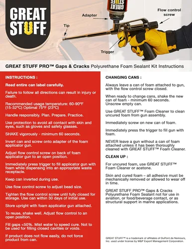 Vista 9 de Great Stuff Pro Lagunas y Grietas Kit de Espuma en Aerosol – Sellador Naranja Certificado contra el Fuego Rellena Brechas de hasta 3 Pulgadas