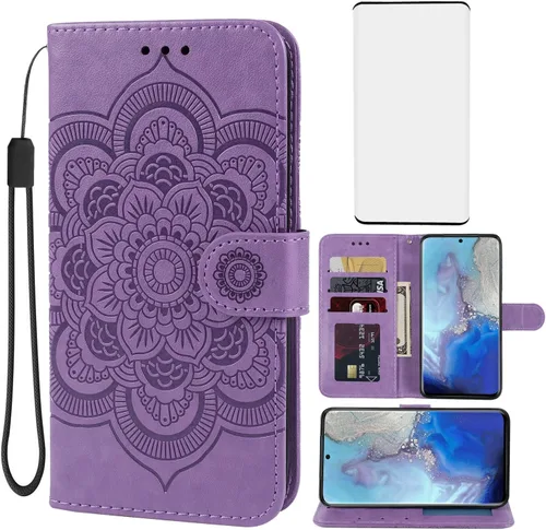 Vista 9 de Funda para Galaxy S20, para Samsung SM-G981U Wallet con protector de pantalla de vidrio templado, funda de cuero con diseño de mandala para Samsung