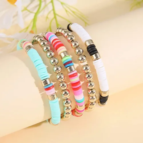 Vista 3 de Wonlte - Juego de pulseras de cuentas de arcilla Heishi, pulseras elásticas apilables con cuentas de mal de ojo, pulseras elásticas apilables