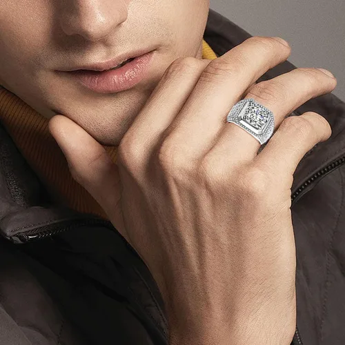 Vista 8 de Anillo de moissanita para hombre, de 2 a 5 quilates, solitario de moissanita, plata de ley con chapado en oro blanco de 18 quilates, color D