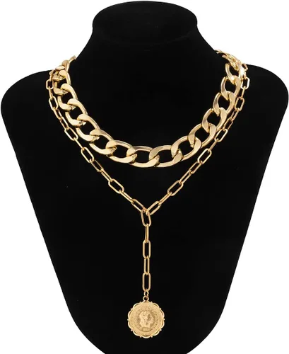 Vista 4 de JWICOS Collar grueso cubano bohemio dorado en capas delicado clip con colgante de moneda gargantilla para mujeres y niñas dorado