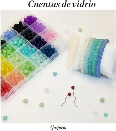 Vista 2 de 1200 PIEZAS 8mm Cuentas de Vidrio para Hacer Joyas, Kit de 24 Colores de Cuentas de Cristal para Pulseras, 2 Cajas de Cuentas Redondas Adecuadas
