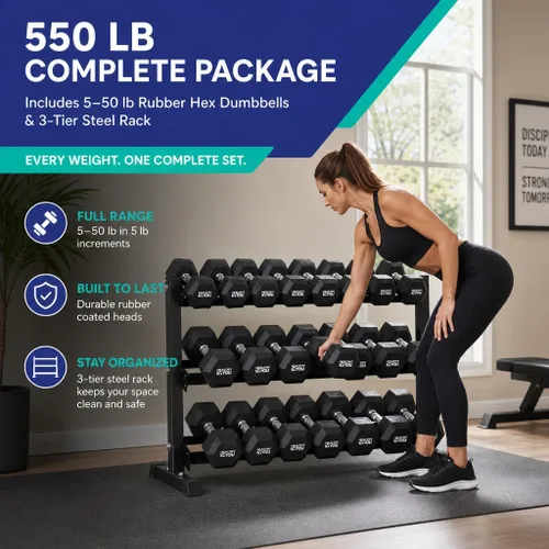 Vista 2 de Rubber Hex Chrome Dumbbell Complete Package Set
