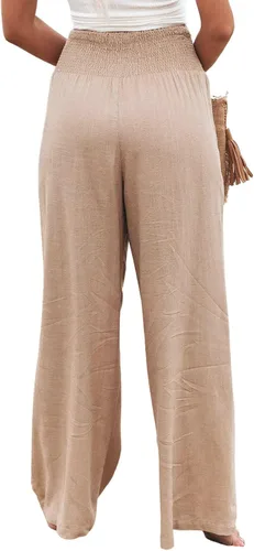 Vista 3 de utcoco Pantalones palazzo de lino de pierna ancha para mujer, estilo casual, cintura elástica, ajuste holgado