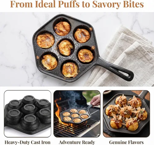 Vista 3 de WUWEOT Sartén antiadherente Aebleskiver, plancha Takoyaki de hierro fundido para hacer panqueques Munk, bolas de panqueques, poffertjes, puffs