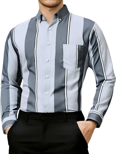 Vista 6 de Camisa a rayas para hombre, manga larga con estampado retro de discoteca de los años 70, ajuste regular, parte superior con bolsillo