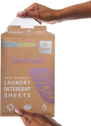 Vista 4 de Homevative Hojas de detergente para ropa, 30 hojas, hasta 60 cargas, fácil de disolver, lavanda, paquete ecológico, compatible con HE, apto