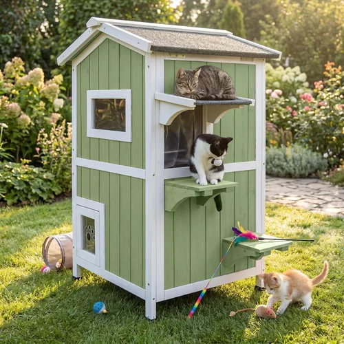 Vista 12 de Casa de madera para gatos para exteriores e interiores, resistente a la intemperie, refugio para gatos de dos pisos, hogar cerrado para gatos