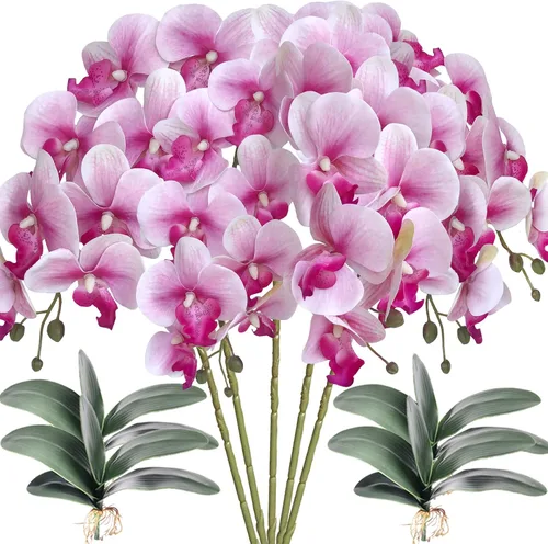 Vista 9 de HinyoCo - 5 flores artificiales de orquídea y 4 paquetes de hojas, flores artificiales de Phalaenopsis de 32 pulgadas para decoración del hogar