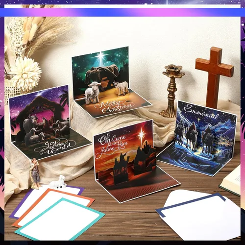 Vista 4 de Spiareal 4 piezas de tarjeta de Navidad emergente con sobres. Tarjetas religiosas 3D emergentes cristianas para Navidad, cumpleaños y suministros