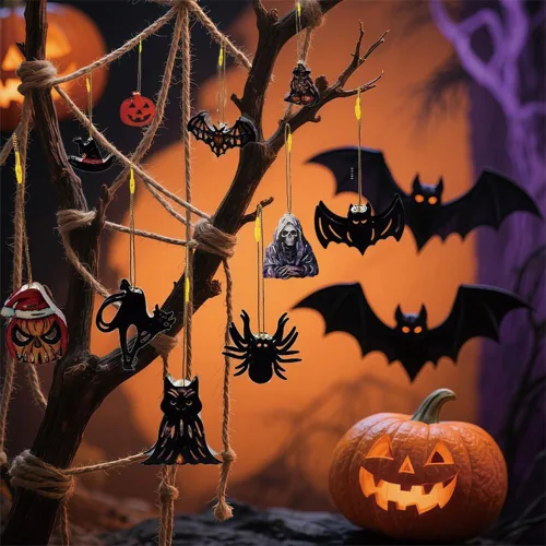 Vista 6 de 24 adornos de Halloween, decoración de árbol, araña negra, calavera, murciélago, bruja, calabaza, fantasma, adornos aterradores para árbol