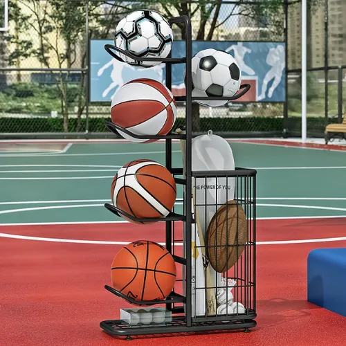 Vista 6 de INGIORDAR Organizador de baloncesto para almacenamiento de bolas, equipo deportivo, soporte de garaje de 6 niveles para fútbol, voleibol, fútbol