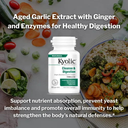 Vista 3 de Kyolic, Aged Garlic Extract, Formula de limpieza de candida y digestión, Fórmula 102, 200 cápsulas vegetarianas, 10242, 1, 1