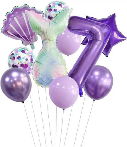 Vista 17 de 7 globos de sirena con números para fiesta de cumpleaños de 1, 2, 3, suministros de decoración de cola de sirena para niñas (número 0)