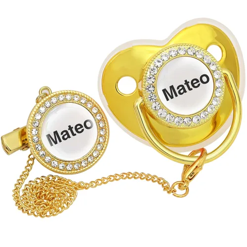 Vista 4 de Chupete personalizado con nombre, set de clip para chupete dorado brillante con caja de almacenamiento, chupete personalizado con purpurina