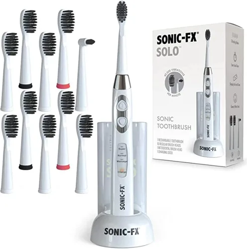 Vista 11 de Sonic-FX Cepillo de dientes eléctrico Solo con 10 cabezales de cepillo + 1 cerdas interdentales, de carbón, recargable, base