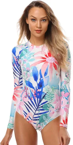 Vista 4 de AXESEA - Traje de baño de una pieza para mujer, manga larga, protección UV UPF 50+, con estampado, cremallera, ideal para surf