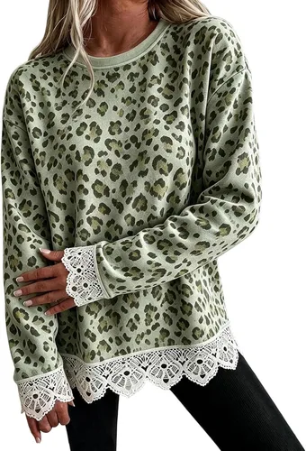 Vista 22 de Fall Sweatshirts for Women Crewneck Scalloped Lace Trim Cute Pullover Tops Lightweight Long Sleeve Polka Dot Sweatshirt,Oversized Leopard Print A