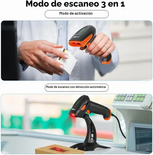 Vista 5 de Alacrity Escáner de Código de Barras Inalámbrico 2D 1D con Soporte, Conectividad 3 en 1 Bluetooth 2.4G Inalámbrico USB con Cable, Lector de Código