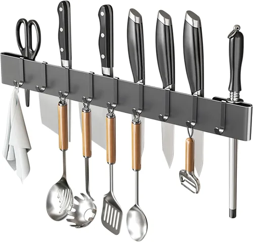 Vista 10 de Colgador de utensilios de cocina de 19.68 pulgadas: 9 ganchos para utensilios, estante para colgar, sin taladrar para cocina, despensa, baño (negro)
