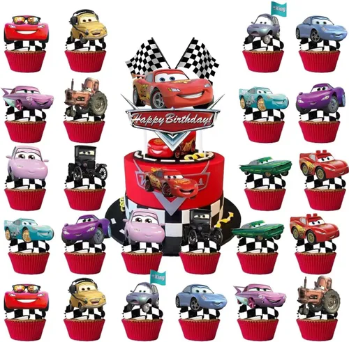 Vista 5 de 52 piezas de suministros para fiesta de cumpleaños de autos, juego de decoración de fiesta incluye cartel, telón de fondo, globos, remolinos