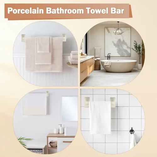 Vista 5 de Juego de 2 toallas de baño de porcelana beige, soporte de barra de toalla moderno de mediados de siglo, soporte para barra de toallero de cerámica