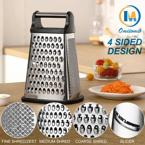 Vista 6 de Rallador Profesional de Queso - Acero Inoxidable, Tamaño XL, 4 Lados - Rallador de Caja Perfecto para Queso Parmesano, Verduras, Jengibre - Apto