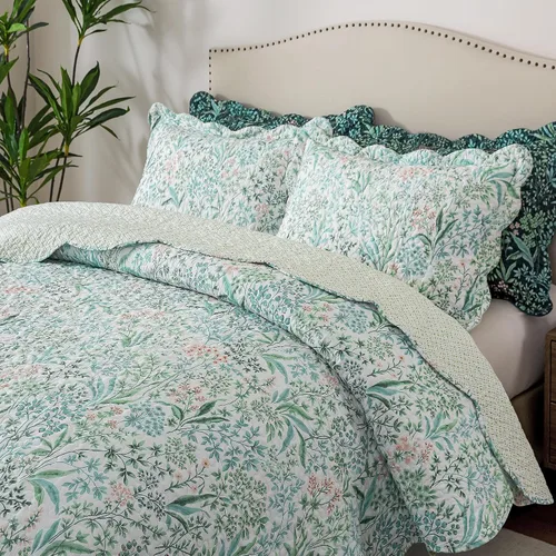 Vista 25 de HoneiLife - Juego de edredón de 3 piezas, colcha ligera de microfibra, diseño de flores silvestres, cubrecamas ligero y botánico, para todas