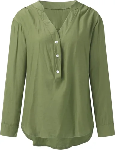 Vista 3 de FEDULKSTORE Camisa casual con botones para mujer, de algodón, lino, con cuello de manga larga, ajuste holgado, cuello en V