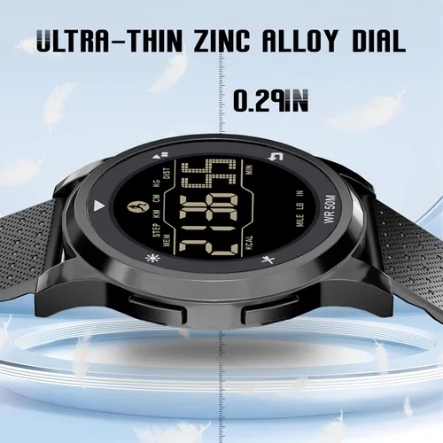 Vista 6 de CakCity Reloj deportivo digital ultrafino para hombre con esfera de aleación negra, impermeable, hora militar, alarma, podómetro y correa