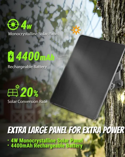 Vista 3 de Panel solar de cámara de rastro de 5 V/12 V, batería de panel solar de 4 W con batería de iones de litio de 4400 mAh, clasificación impermeable