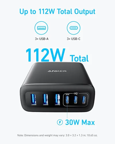 Vista 4 de Cargador de escritorio Anker, cargador USB C de carga rápida, estación de carga de 6 puertos con 112W máx, para iPhone 17, iPad, MacBook, Samsung