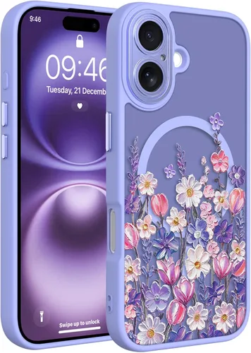 Vista 107 de Magnético para iPhone 13 con protector de pantalla [Compatible con MagSafe] Diseño de patrón floral de flores bonitas, funda delgada a prueba
