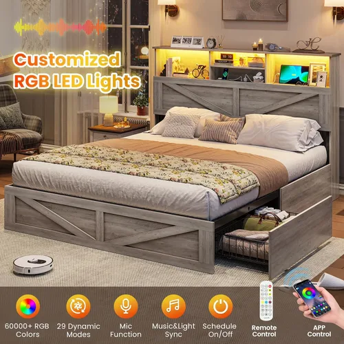 Vista 5 de VIAGDO Bastidor de cama estilo granja tamaño completo con cabecero de almacenamiento tipo librero, estación de carga y luces LED, bastidor de cama
