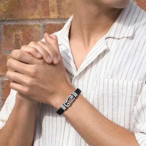Vista 2 de Regalo para hombres, pulsera de cuero trenzado negro con infinito para hombres, papá, marido, novio, hijo, nieto, hermano, sobrino, tío