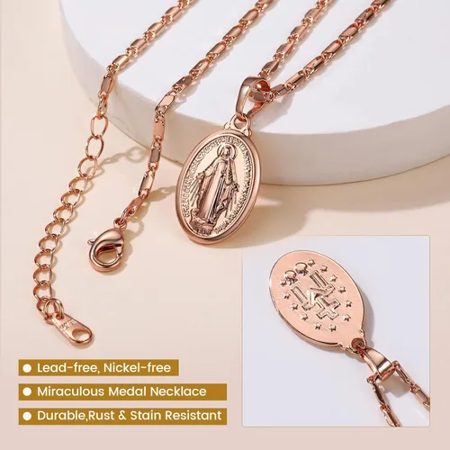 Vista 4 de GOLDCHIC JEWELRY Virgin Mary Miraculous Medal Necklace, Our Lady of Graces Guadalupe Pendant with Filigree Border