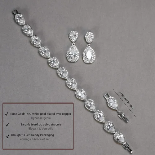 Vista 5 de UDYLGOON Juego de aretes colgantes de lágrima y pulsera de boda para novia, dama de honor, mujeres, regalos de fiesta de graduación