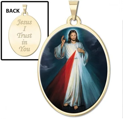 Vista 2 de PicturesOnGold.com Divine Mercy Double Sided Oval Religious Medal Color, Available in Solid 14K Yellow or White Gold, or Sterling Silver