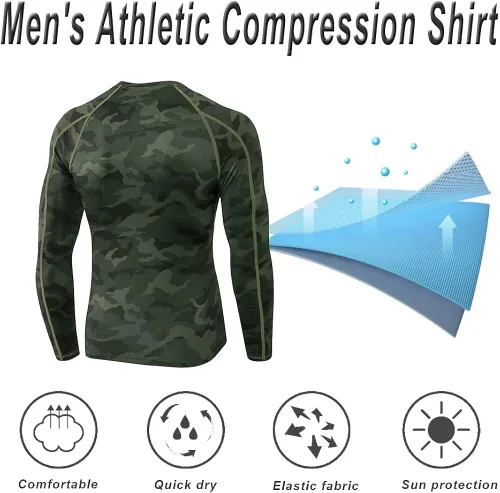 Vista 2 de EARGFM Camisetas deportivas de compresión de manga larga para hombre, para correr, entrenamiento, capa base elástica, camisetas deportivas frescas