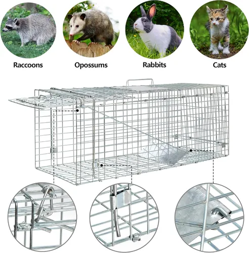 Vista 2 de Trampa de jaula para animales vivos ANT MARCH 32"x11.5"x13" de acero, jaula humanitaria de liberación de roedores con guantes para conejos, gato